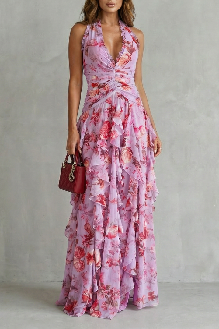 Belladina | Romantic Cascading Rose Long Dress with American Neckline