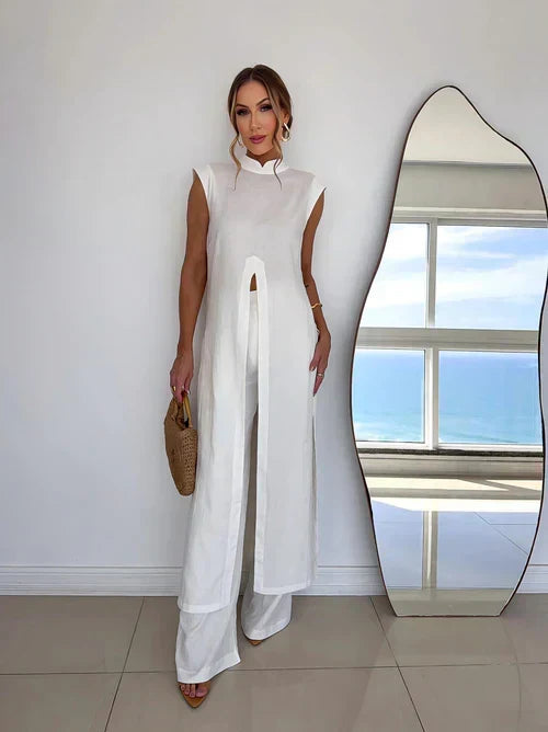 Benigna™ | White Ruffled Tunic and Trousers Set