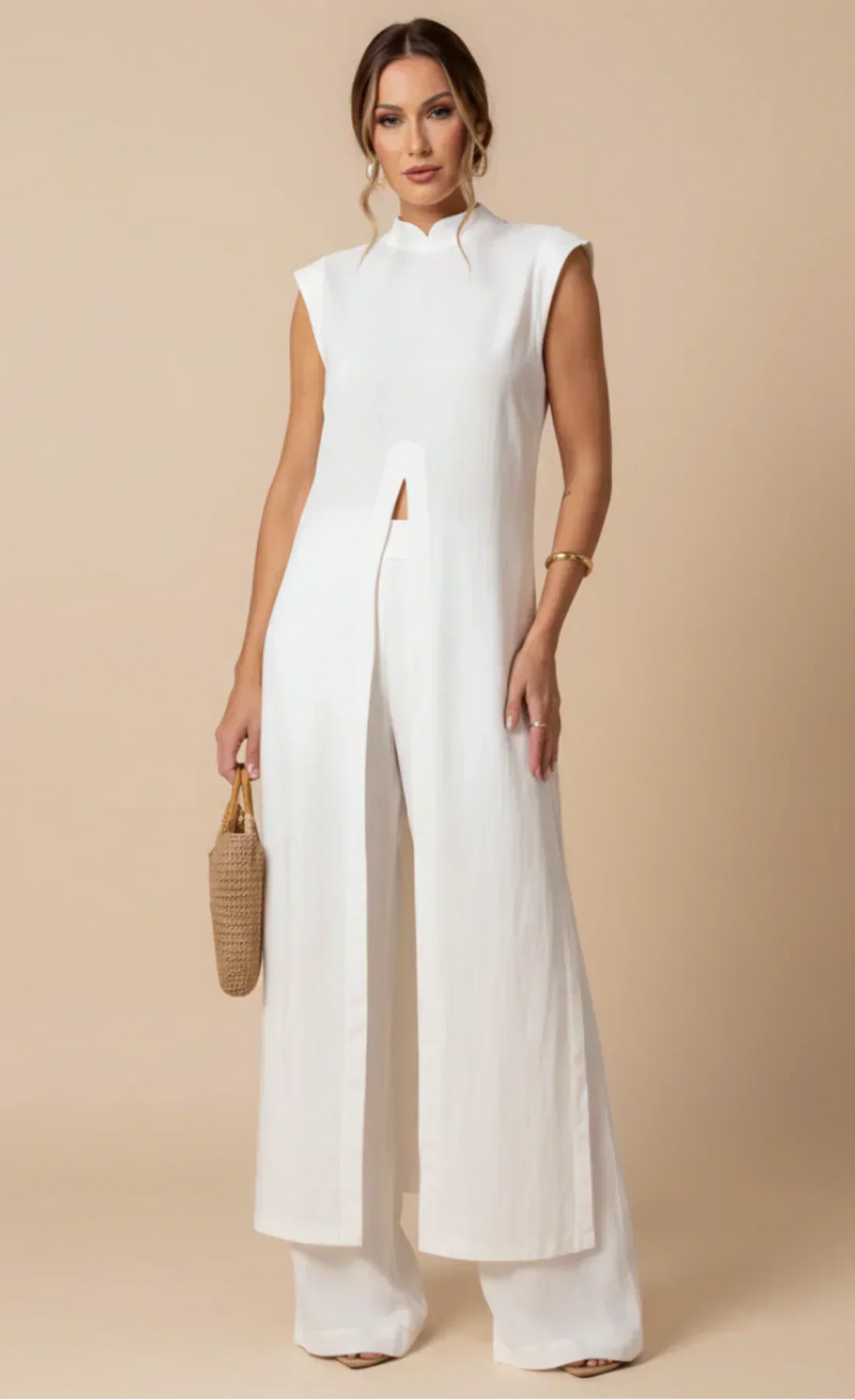 Benigna™ | White Ruffled Tunic and Trousers Set