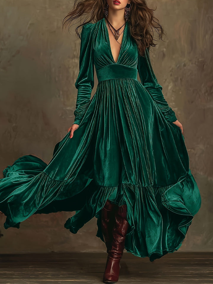 SERAFINA | RETRO OVERSIZED SKIRT LONG DRESS WITH DEEP V-NECK