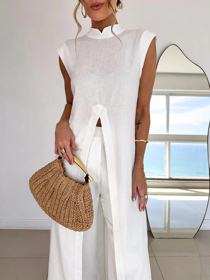 Benigna™ | White Ruffled Tunic and Trousers Set