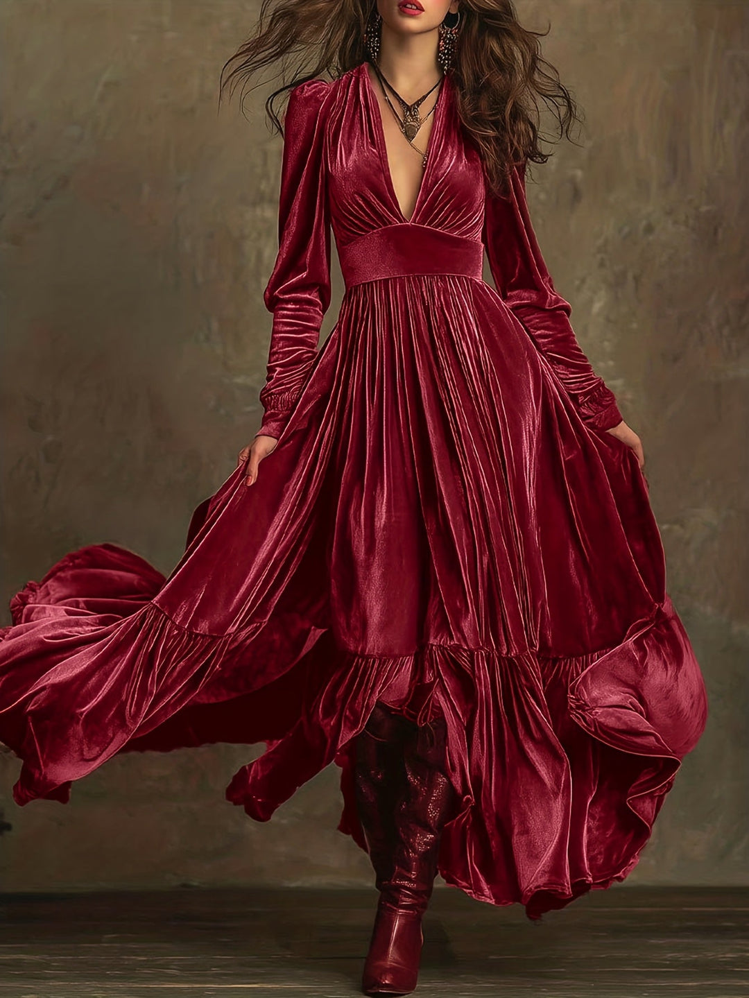 SERAFINA | RETRO OVERSIZED SKIRT LONG DRESS WITH DEEP V-NECK