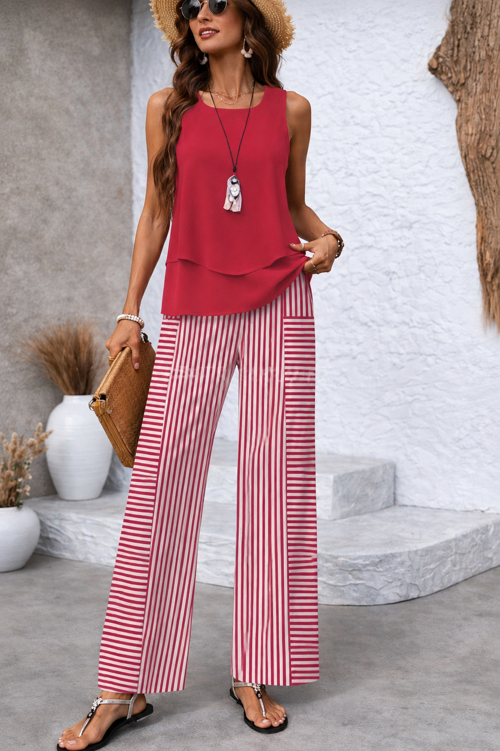 Ramona™ | Pink Set with Plain Top and Striped Trousers