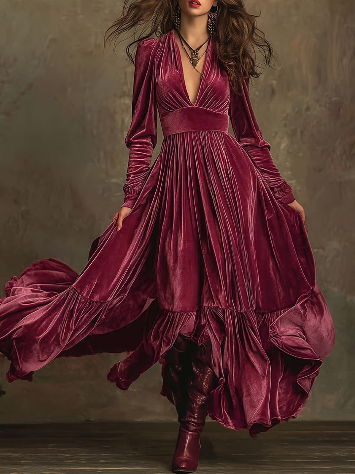 SERAFINA | RETRO OVERSIZED SKIRT LONG DRESS WITH DEEP V-NECK