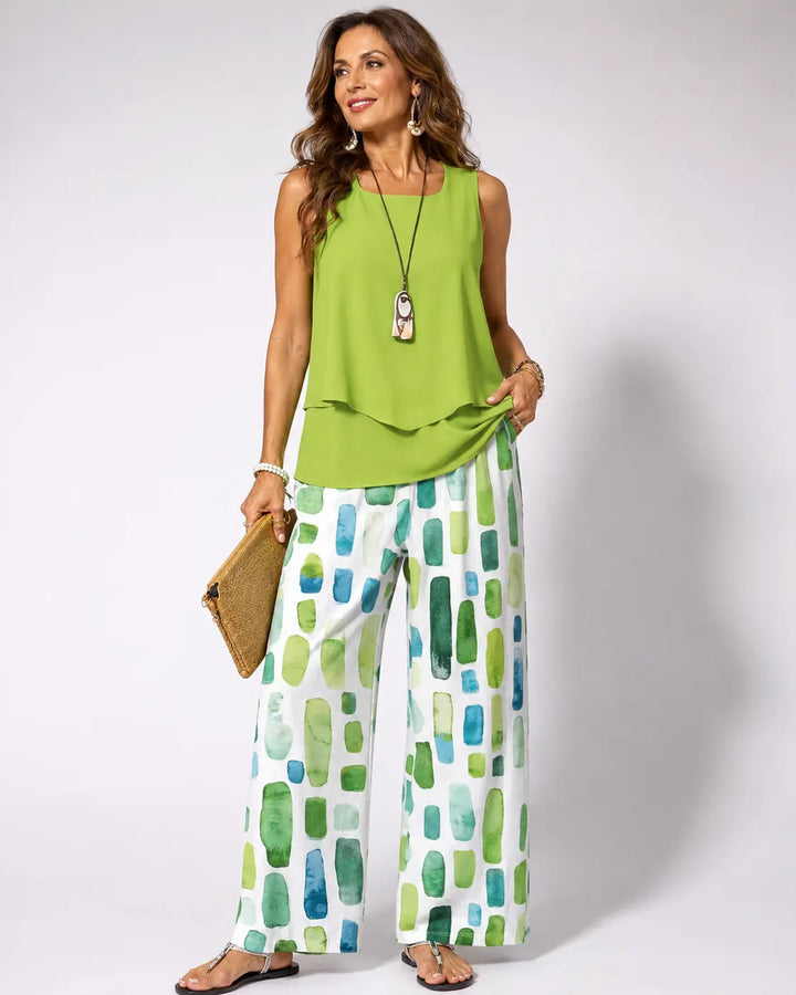 Sabina™ | Green Top and Geometric Trouser Set