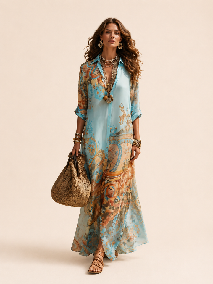 Baroque Style Floral Blue Chiffon Maxi Dress