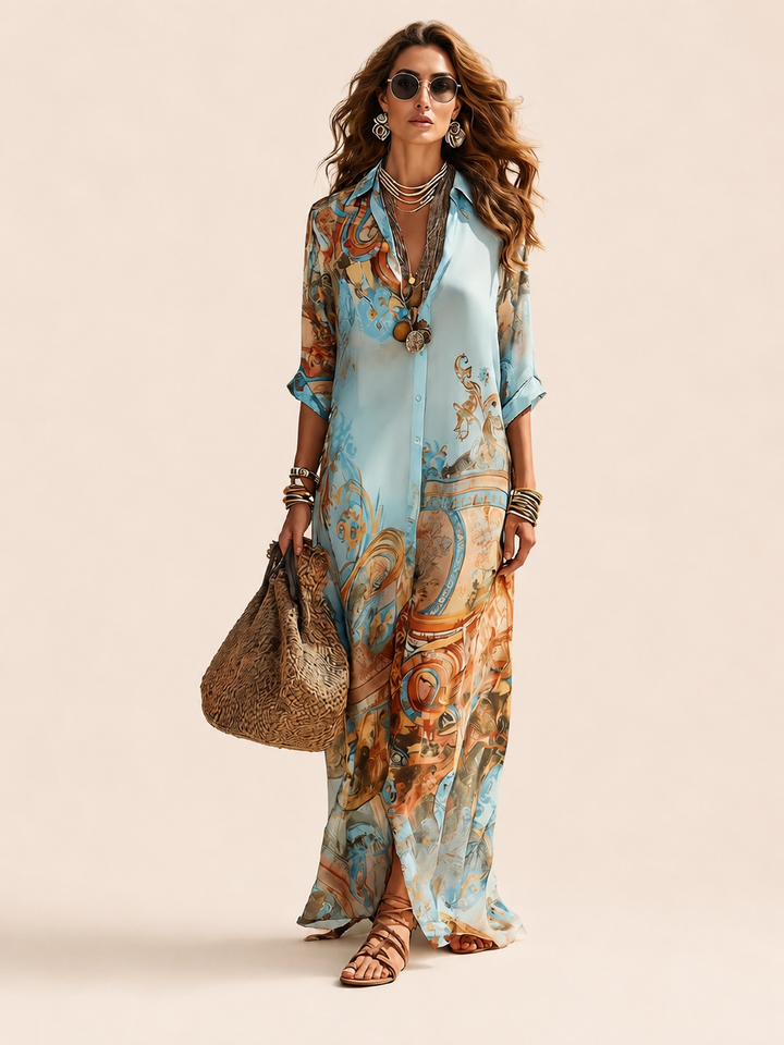 Baroque Style Floral Blue Chiffon Maxi Dress