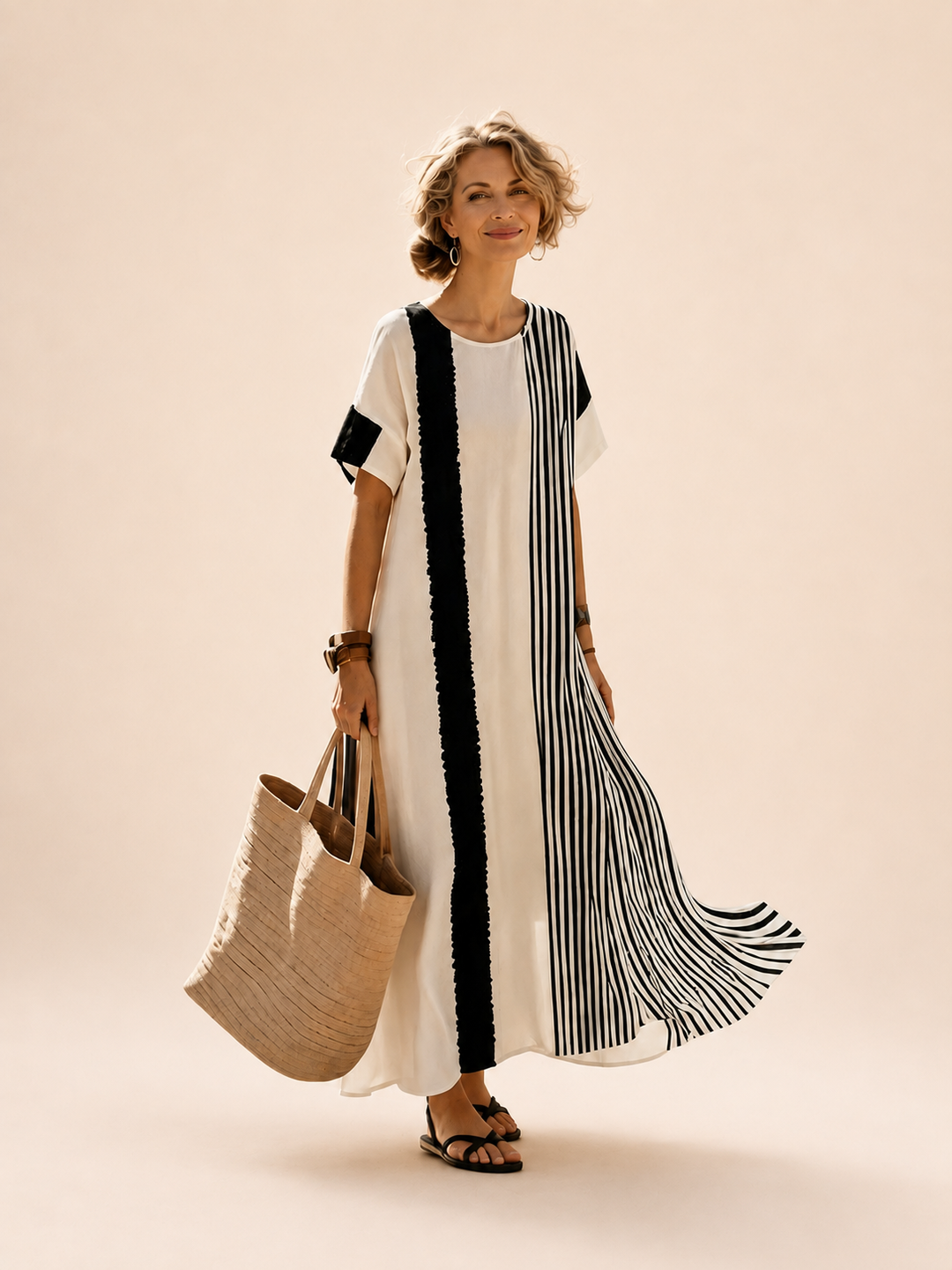 Beatrice | Round Neck Short Sleeve Striped Maxi Dress