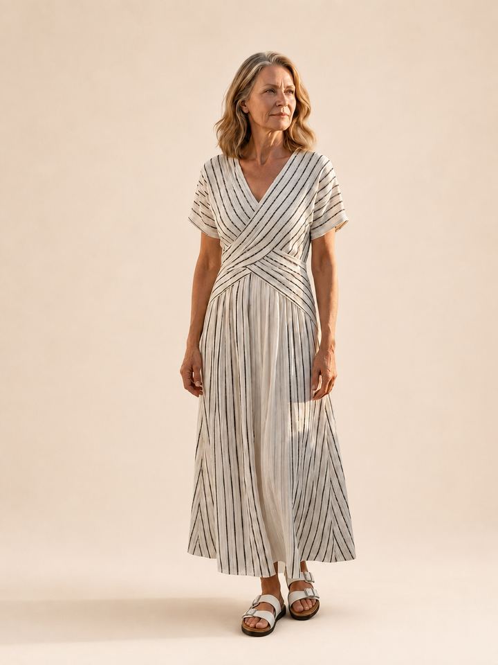 Matilda | V Neck Short Sleeve Cross Waist Midi Dress