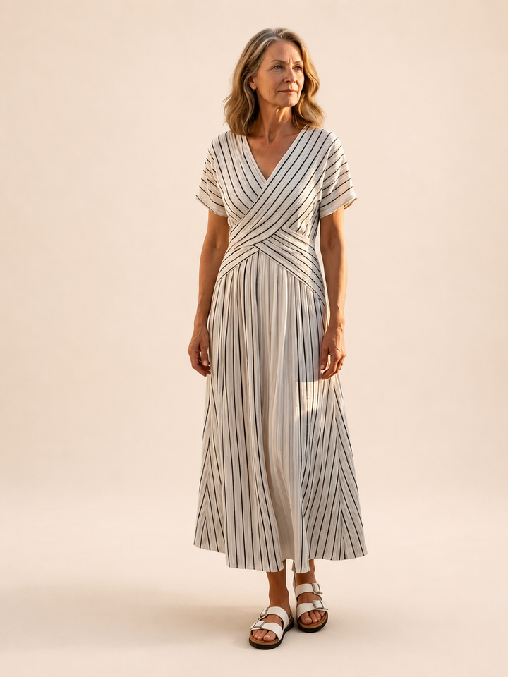 Matilda | V Neck Short Sleeve Cross Waist Midi Dress