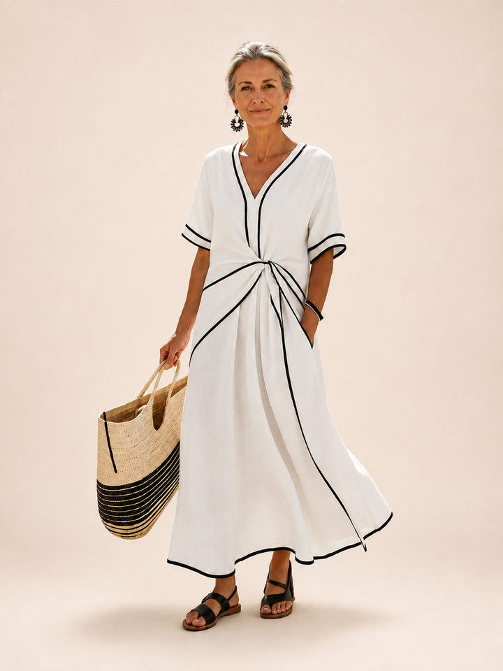 Georgia | V Neck Short Sleeve Gathered Waist Midi Dress