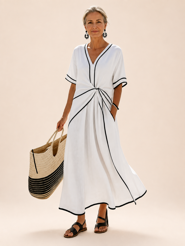 Georgia | V Neck Short Sleeve Gathered Waist Midi Dress