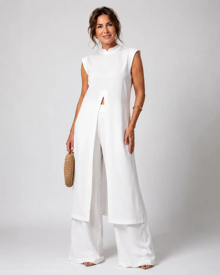 Benigna™ | White Ruffled Tunic and Trousers Set