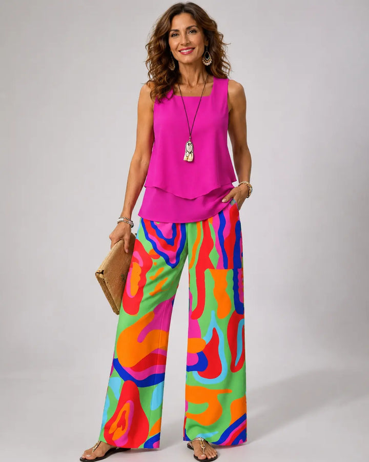 Clotilde™ | Pink Top and Abstract Trousers Set