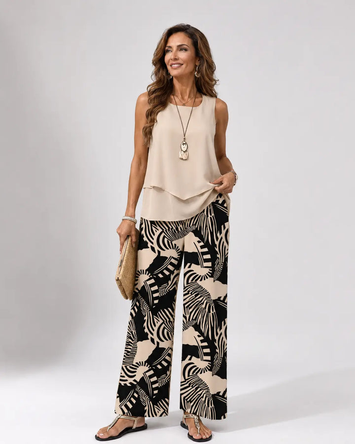 Ignacia™ | Beige Blouse and Botanical Trouser Set