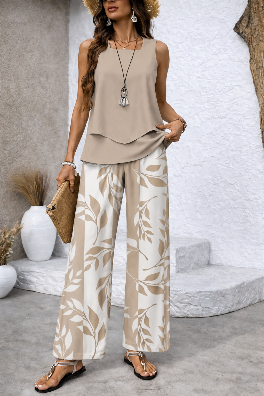 Ernestina™ | Natural Set Beige Blouse and Botanical Trousers