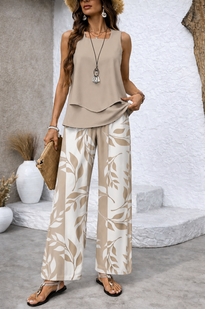 Ernestina™ | Natural Set Beige Blouse and Botanical Trousers