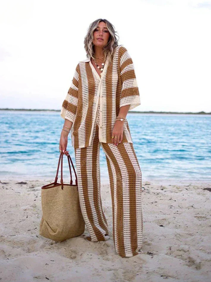 Zenaida™ | Striped Crochet Kimono and Trousers Set