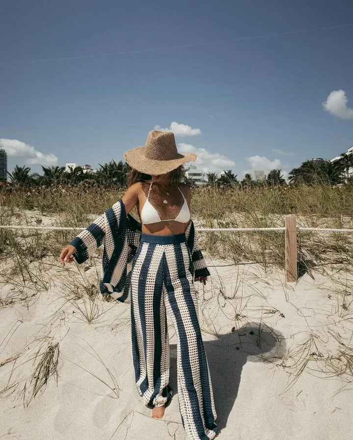 Zenaida™ | Striped Crochet Kimono and Trousers Set