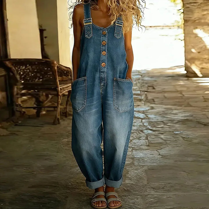 Mae | Vintage Soft Cotton Denim-Look Dungarees with Adjustable straps