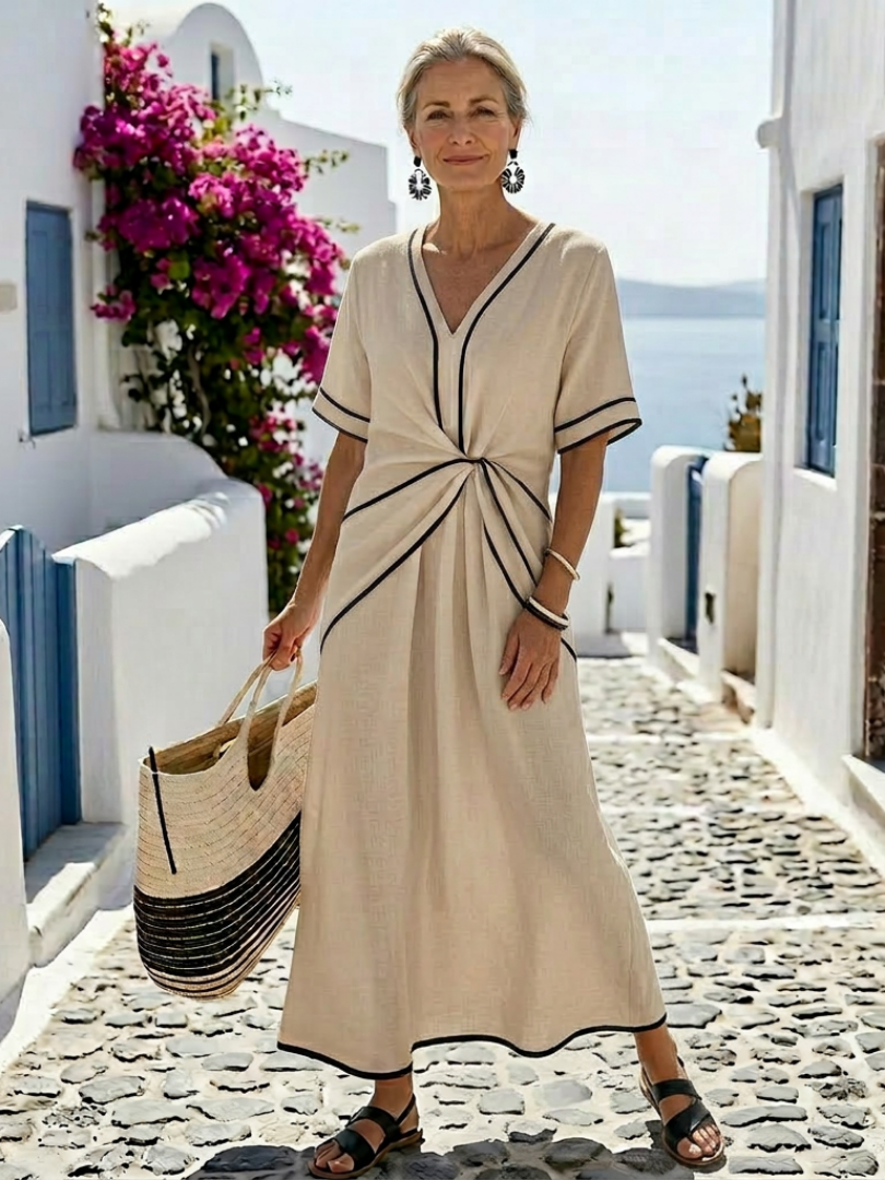 Georgia | V Neck Short Sleeve Gathered Waist Midi Dress