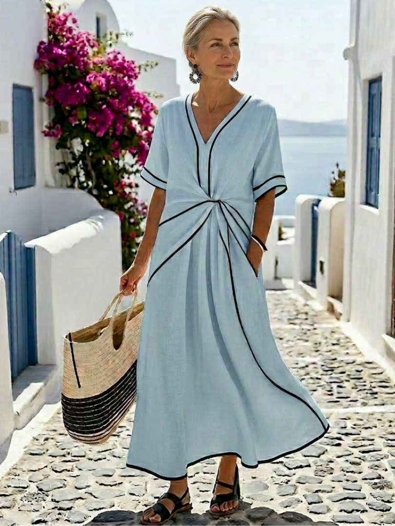 Georgia | V Neck Short Sleeve Gathered Waist Midi Dress
