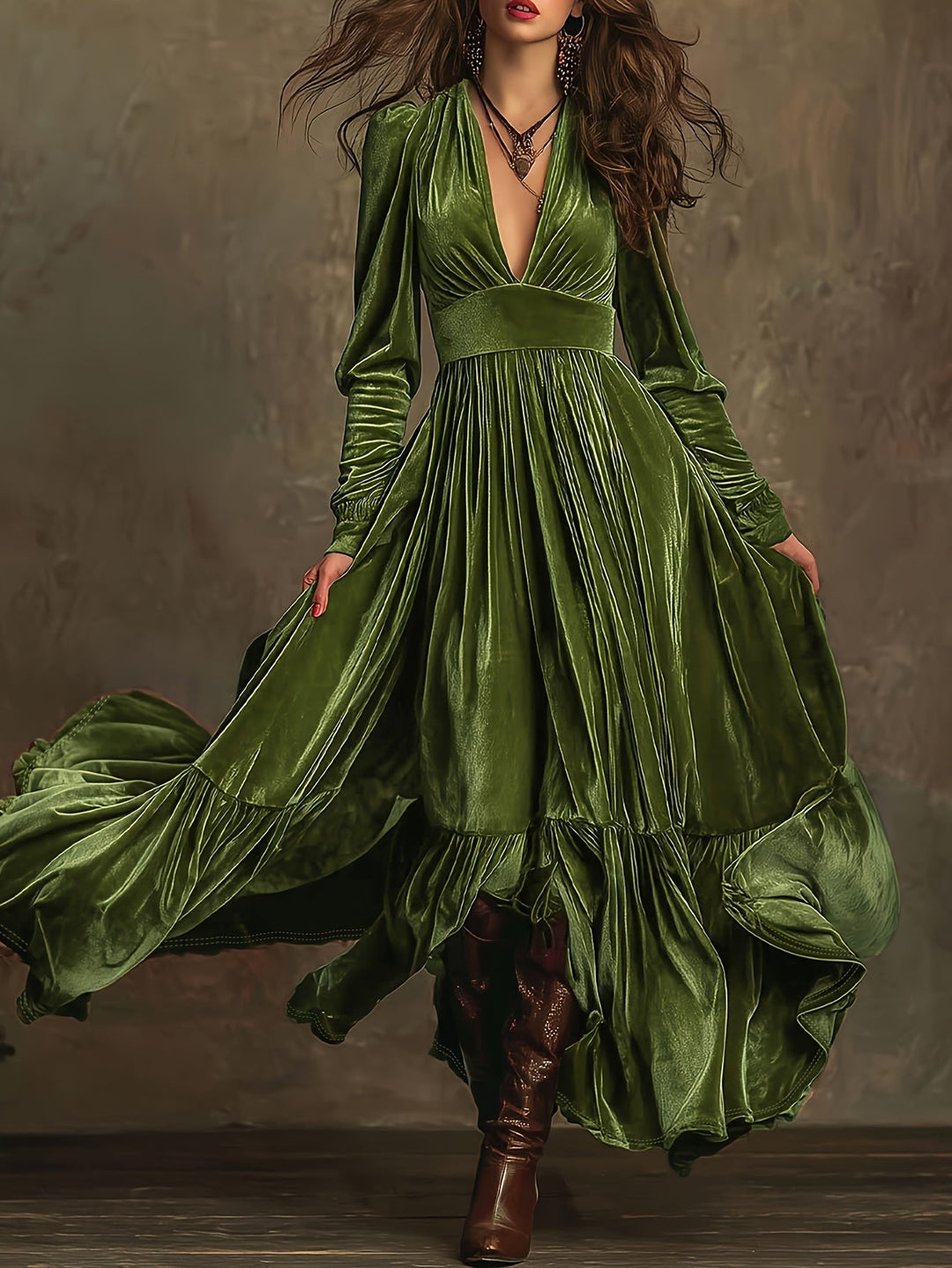 SERAFINA | RETRO OVERSIZED SKIRT LONG DRESS WITH DEEP V-NECK