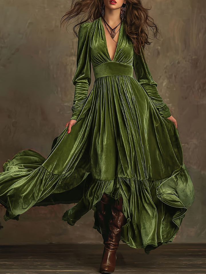 SERAFINA | RETRO OVERSIZED SKIRT LONG DRESS WITH DEEP V-NECK