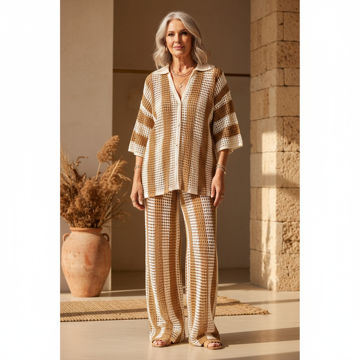 Zenaida™ | Striped Crochet Kimono and Trousers Set