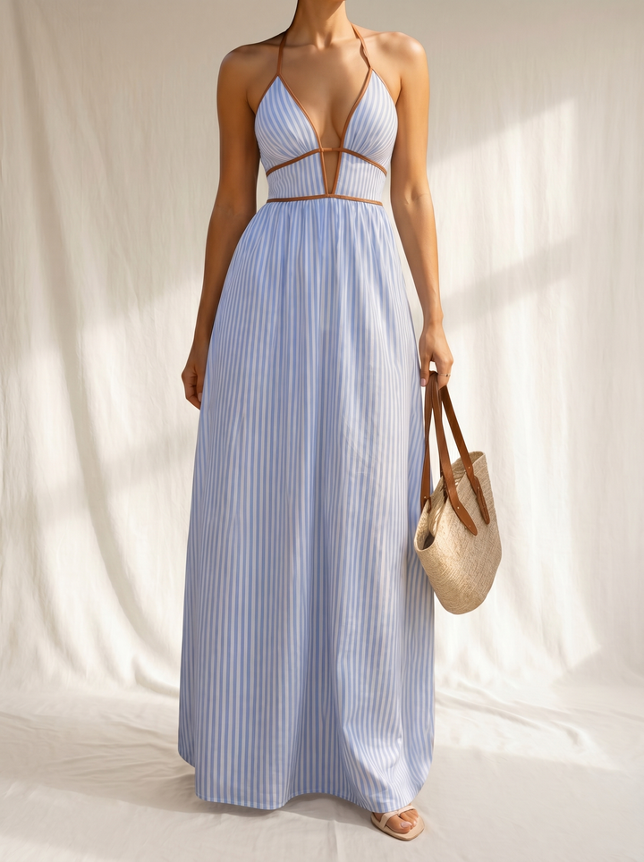 Laurina | Long Striped Dress with Cut-out Neckline
