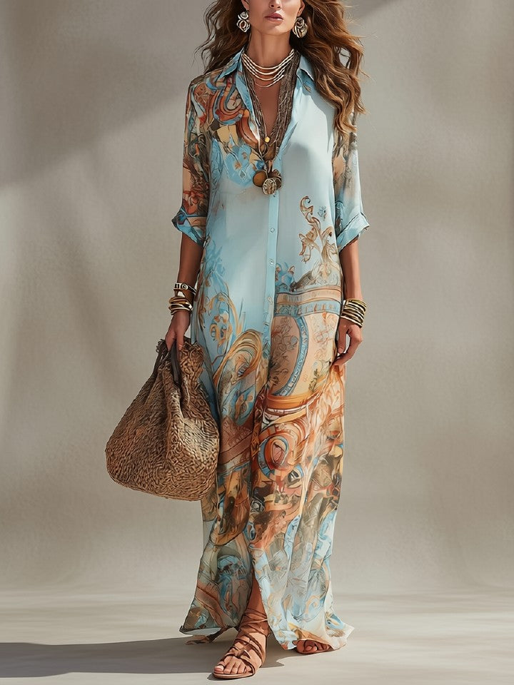 Baroque Style Floral Blue Chiffon Maxi Dress