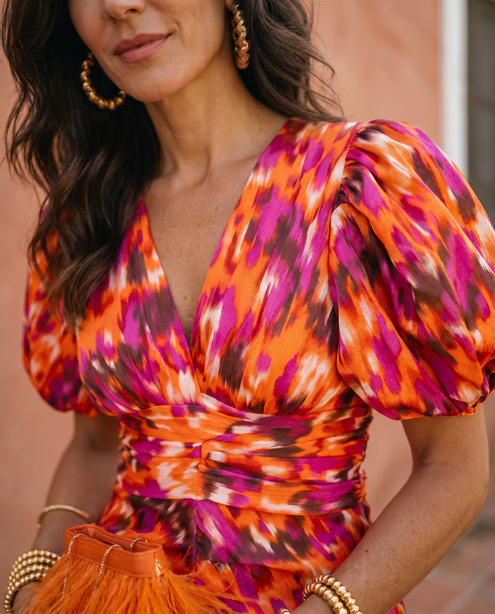 Carla™ | Midi Floral Dress with Puff Sleeves